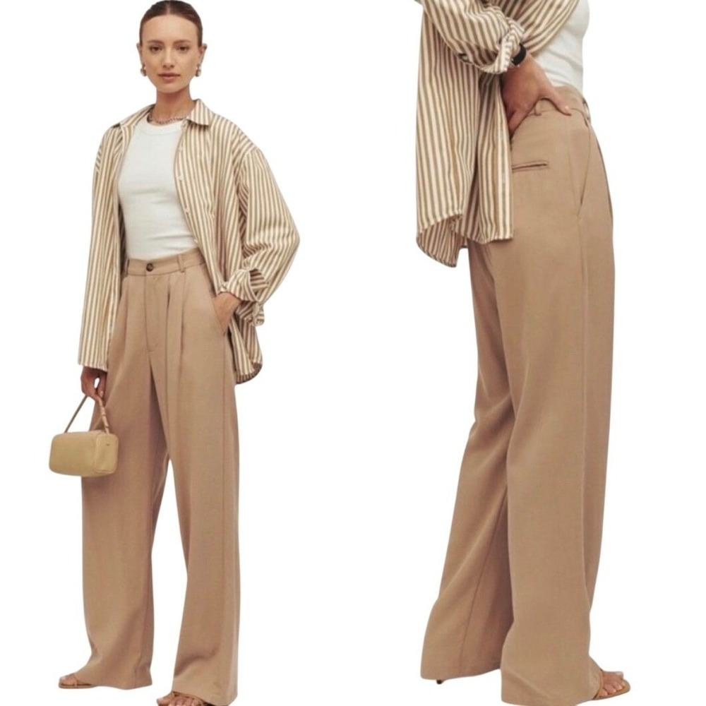 REFORMATION Mason Wide Leg Pleated Trousers Pants Size 8 Khaki Tan Preppy